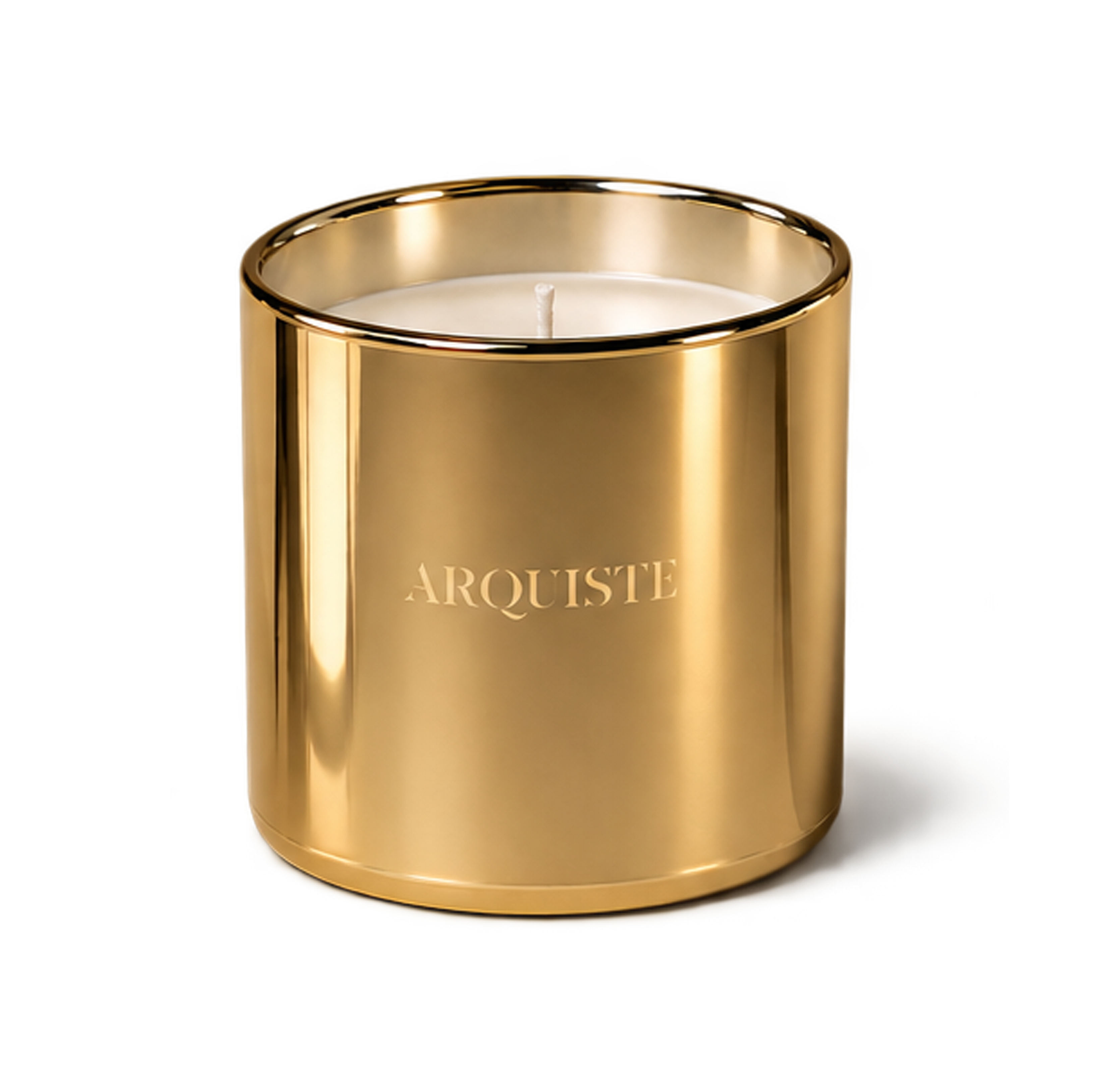 A gold metallic cylindrical candle jar with a white wax fill and a single wick, featuring the brand name 'ARQUISTE' printed in gold on the front, set against a clean white background.