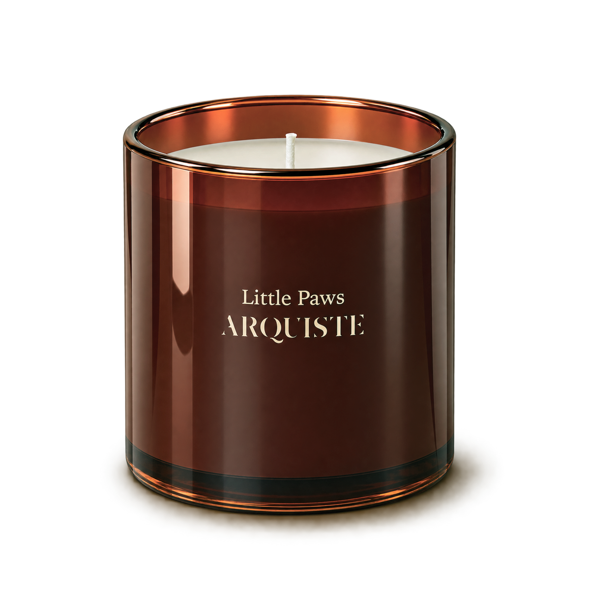 A single-wick scented candle in a reflective amber-brown glass jar with the text 'Little Paws ARQUISTE' printed in gold on the front, set against a clean white background.