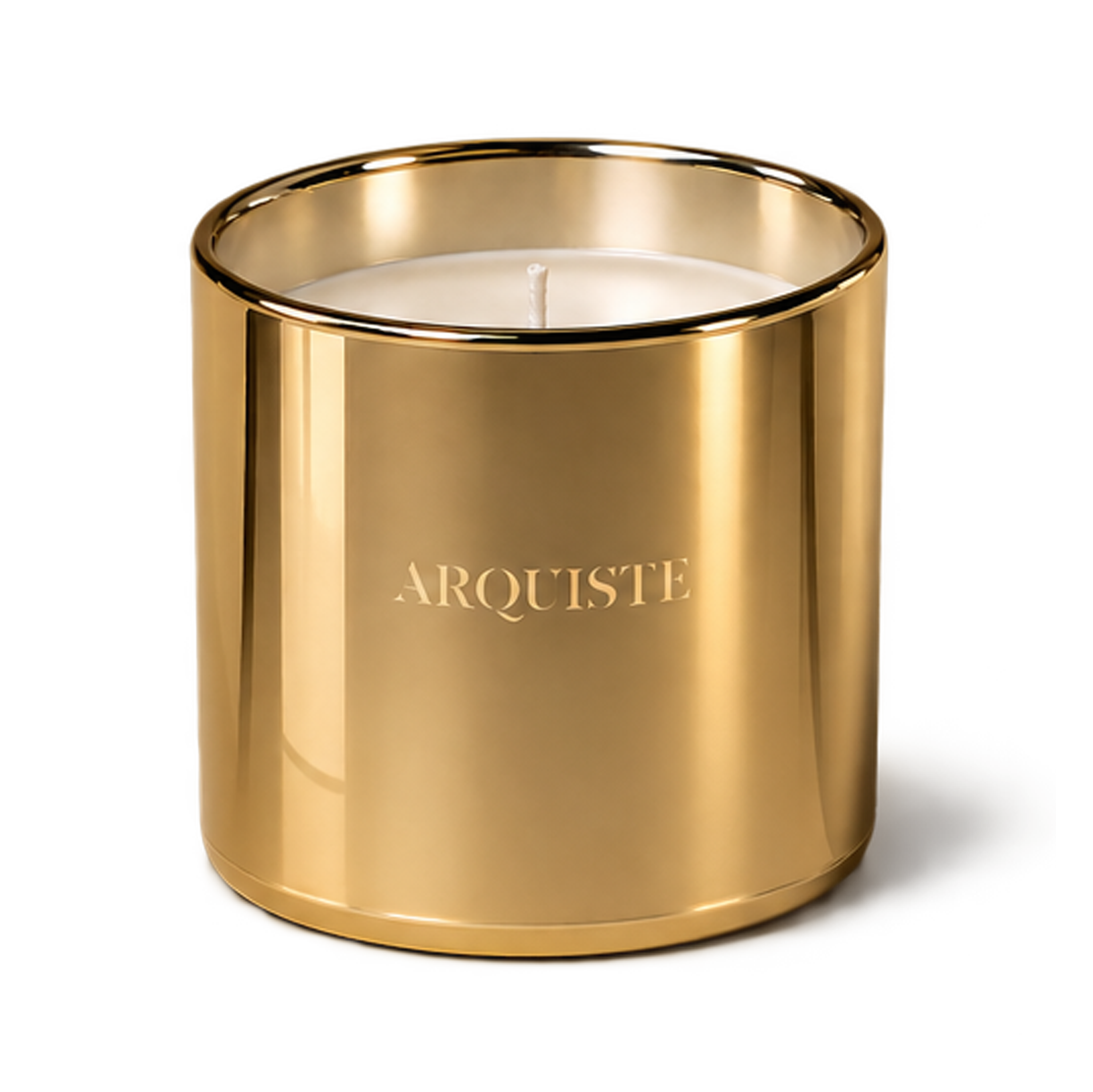 A single-wick scented candle in a polished gold metal vessel with the brand name 'ARQUISTE' printed in gold on the front, set against a clean white background.