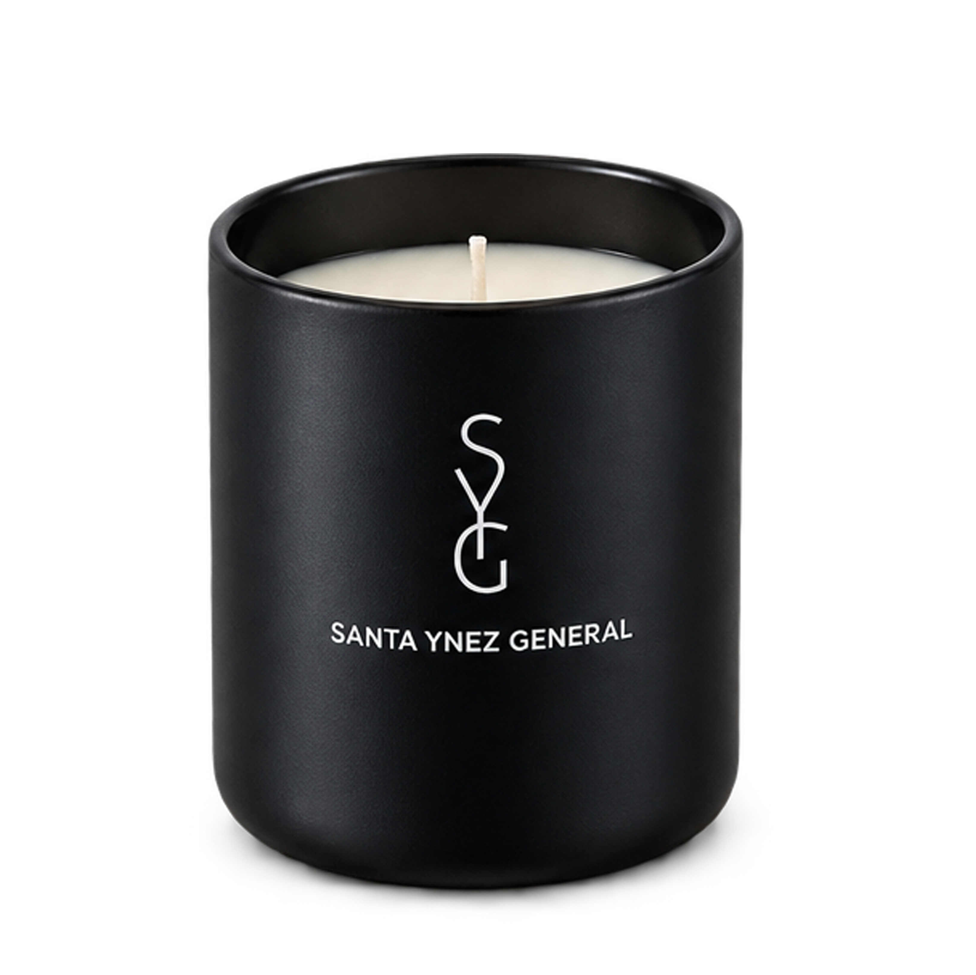 A matte black candle jar with a white wick and cream-colored wax, featuring the white printed logo and text 'SYG' and 'SANTA YNEZ GENERAL' on the front, set against a plain white background.