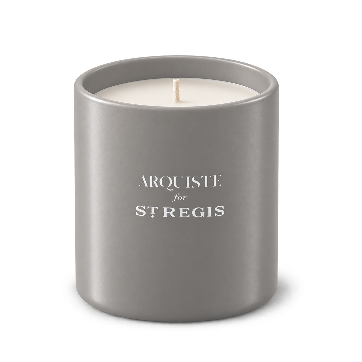 A matte gray candle jar with a single white wick and cream-colored wax, featuring the text 'ARQUISTE for ST REGIS' printed in white on the front, set against a clean white background.