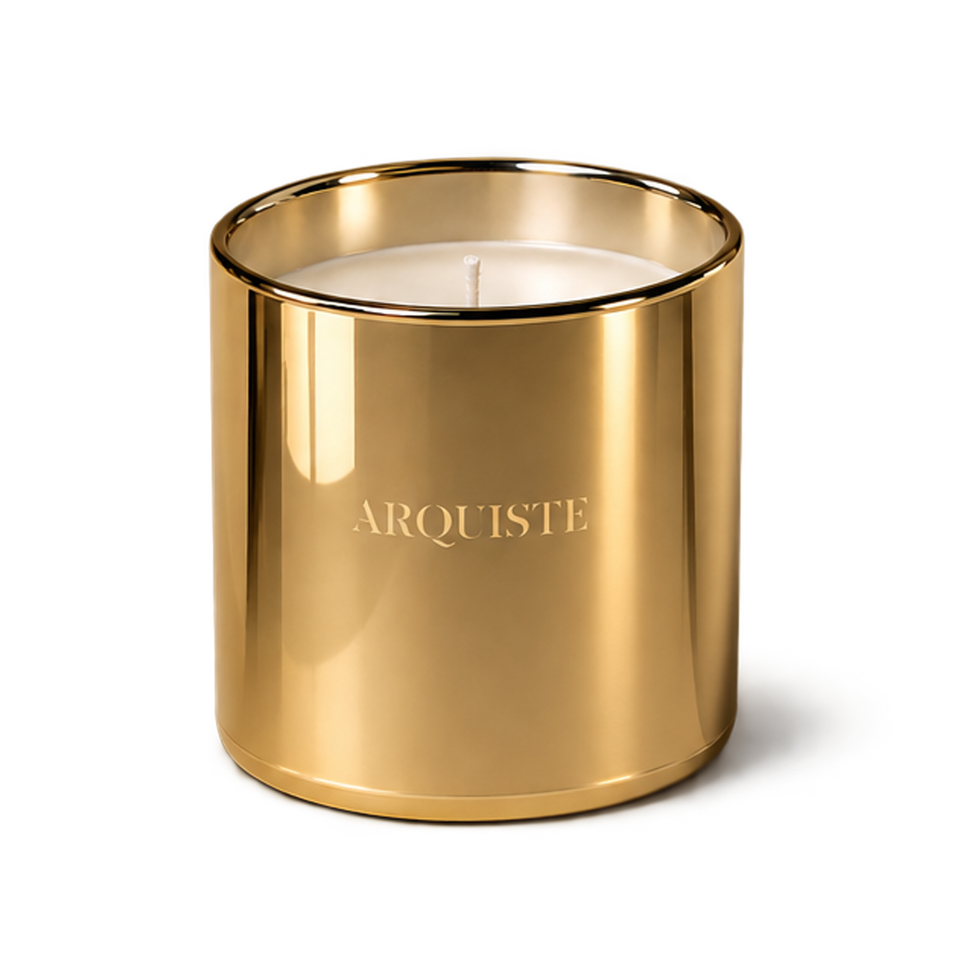 A luxury perfumed candle in a polished gold metallic cylindrical container with the brand name 'ARQUISTE' embossed on the front, set against a clean white background.
