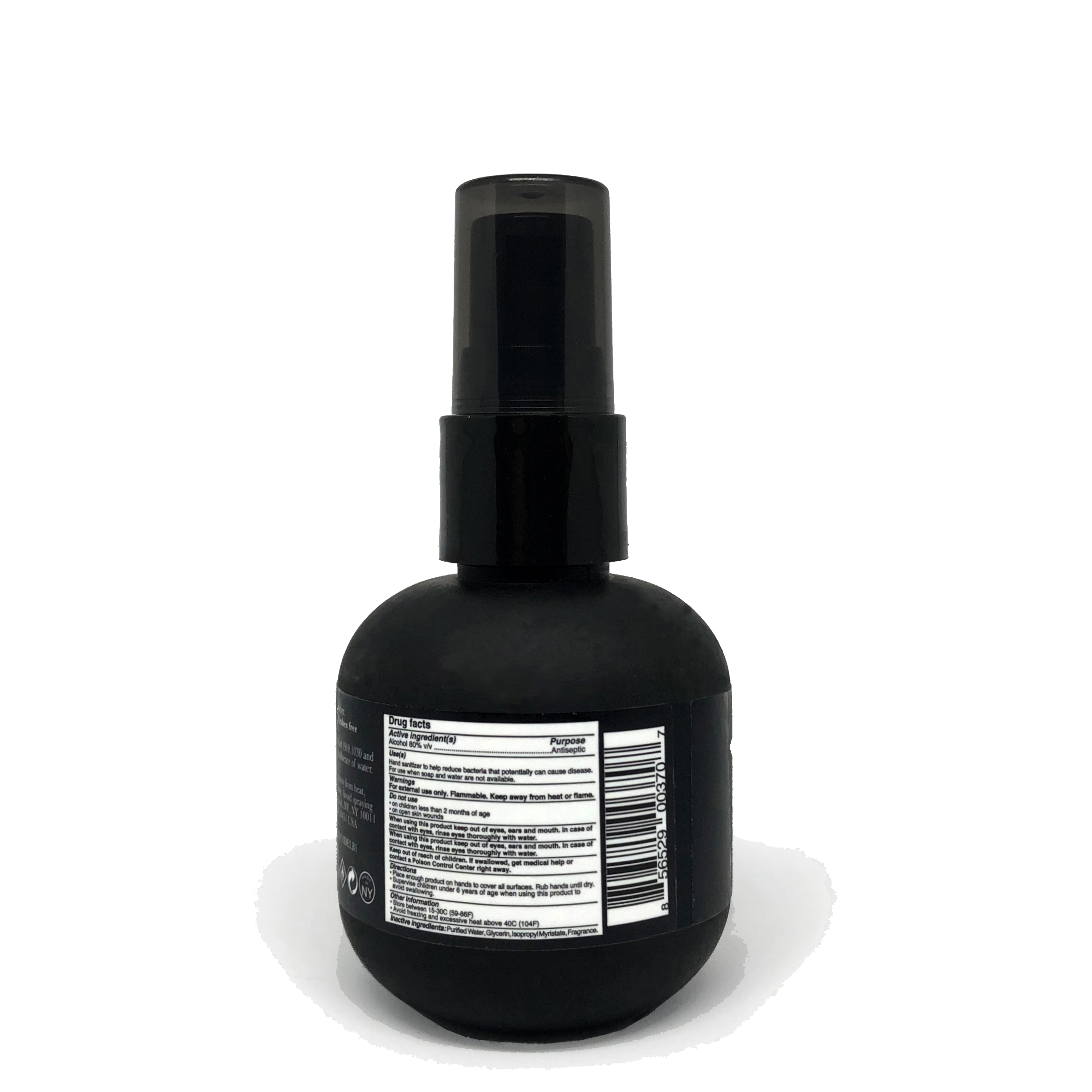 Black spray bottle with a label on a white background