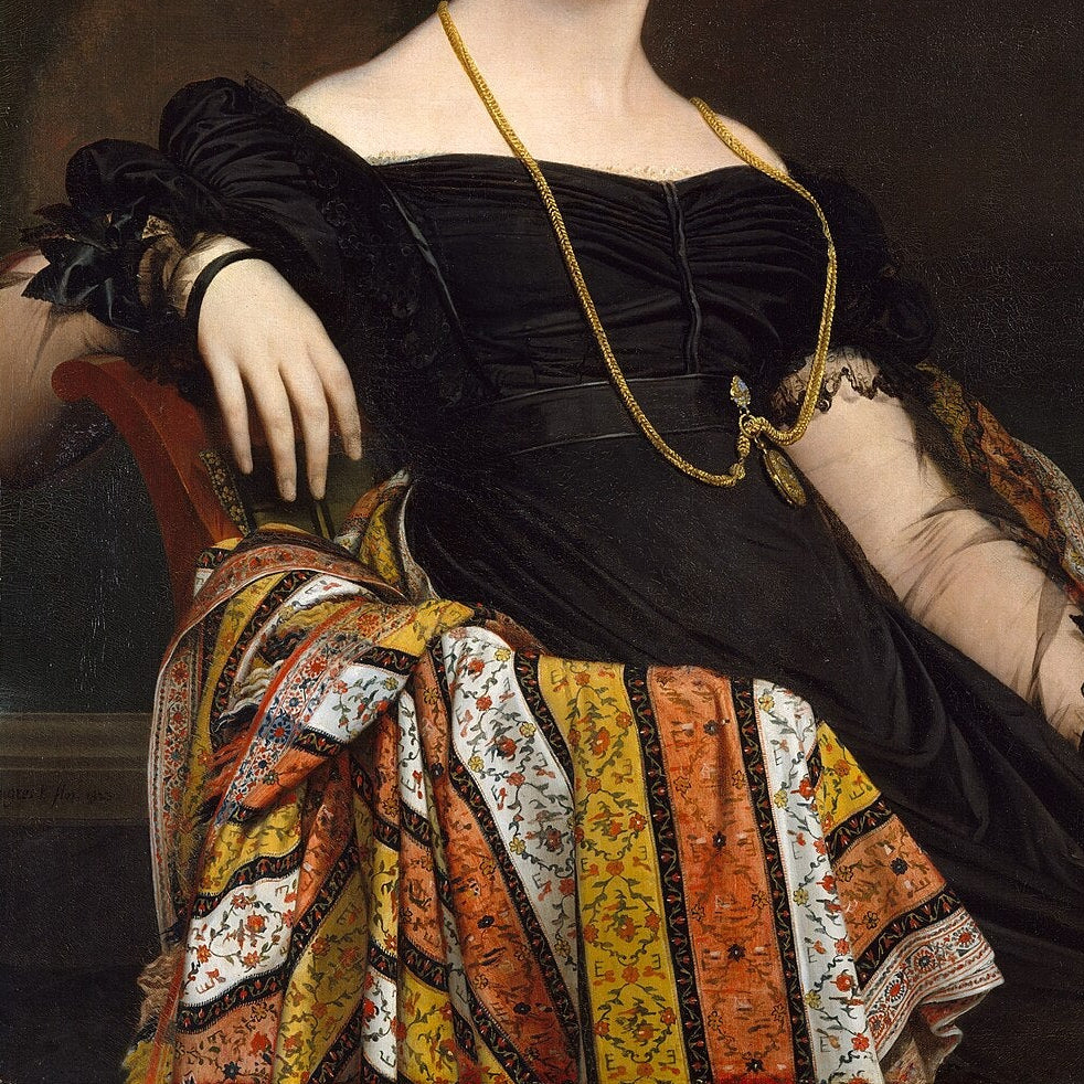 A classical oil portrait painting by the painter Ingres of a woman seated in a dark chair, wearing a black dress with a multicolored patterned Kashmiri shawl and a gold necklace, against a dark brown background (Madame Jacques-Louis Leblanc)