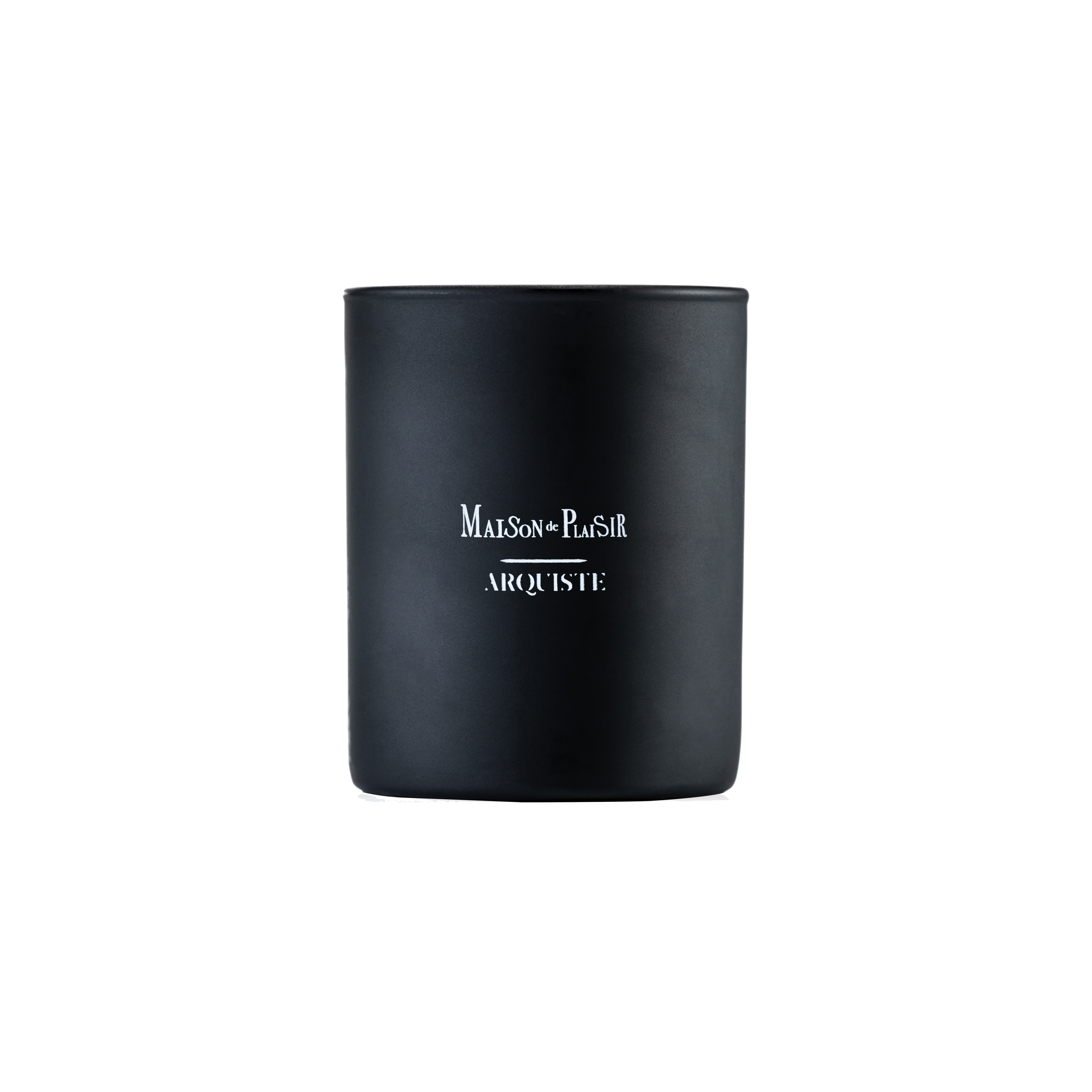 Black candle with 'MAISON DE PLAISIR' branding on a white background