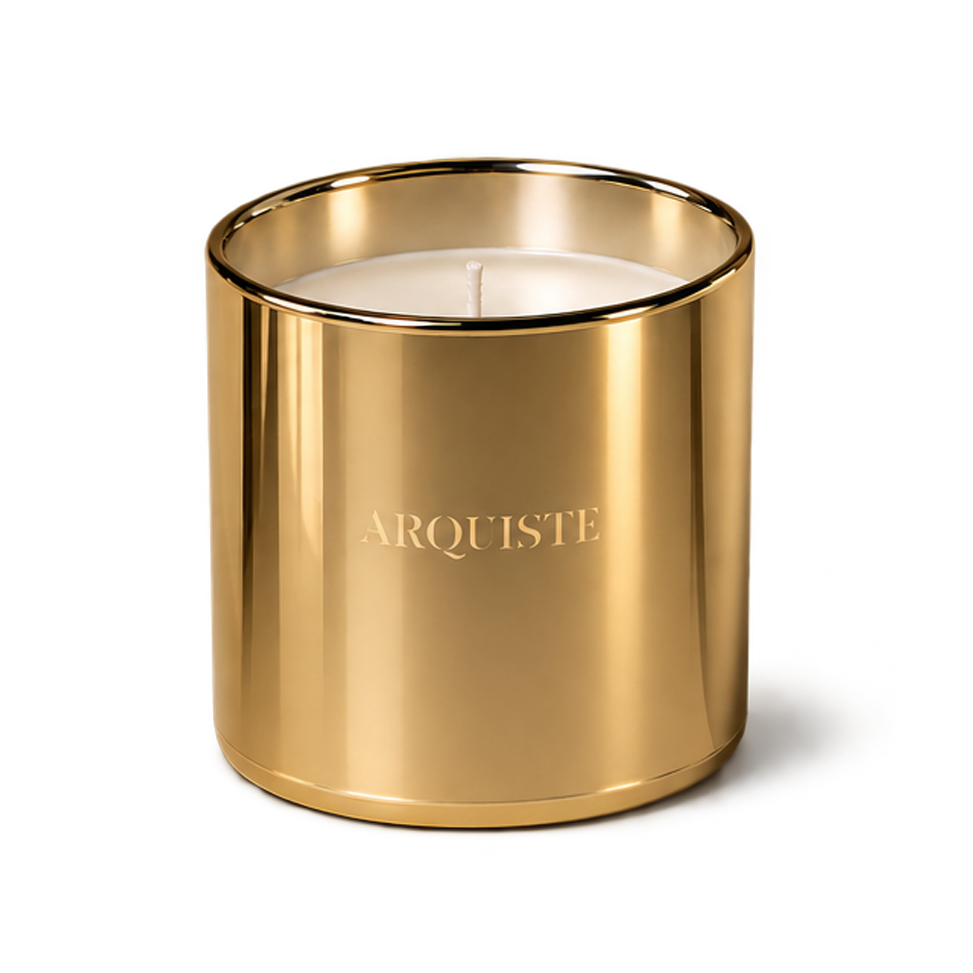A luxury scented candle in a polished gold metallic cylindrical container, featuring the brand name 'ARQUISTE' printed in gold on the front, set against a clean white background.