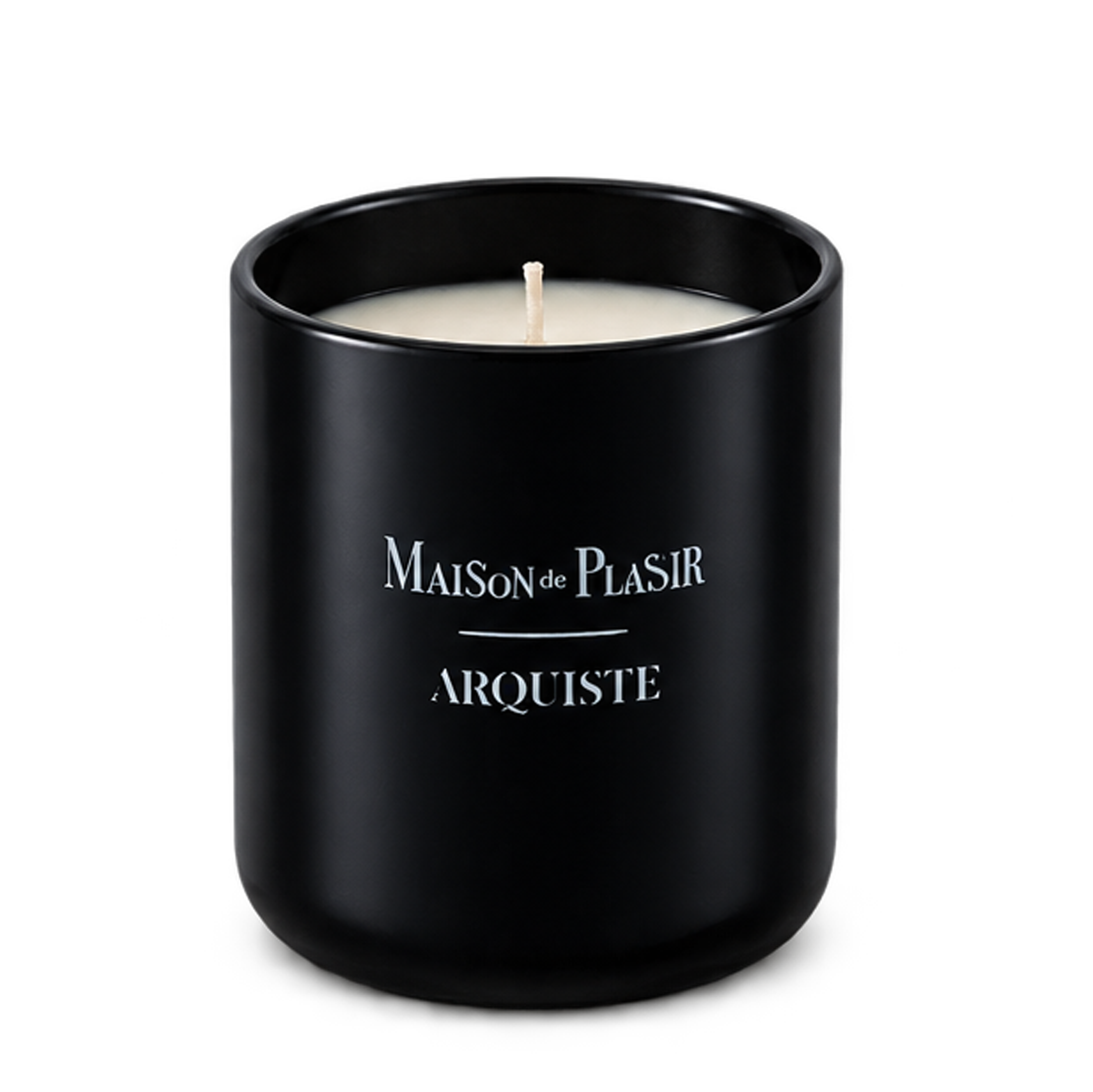A black wax candle in a matte black cylindrical jar with white printed text reading 'Maison de PLASIR' and 'ARQUISTE' on the front, shown on a clean white background.