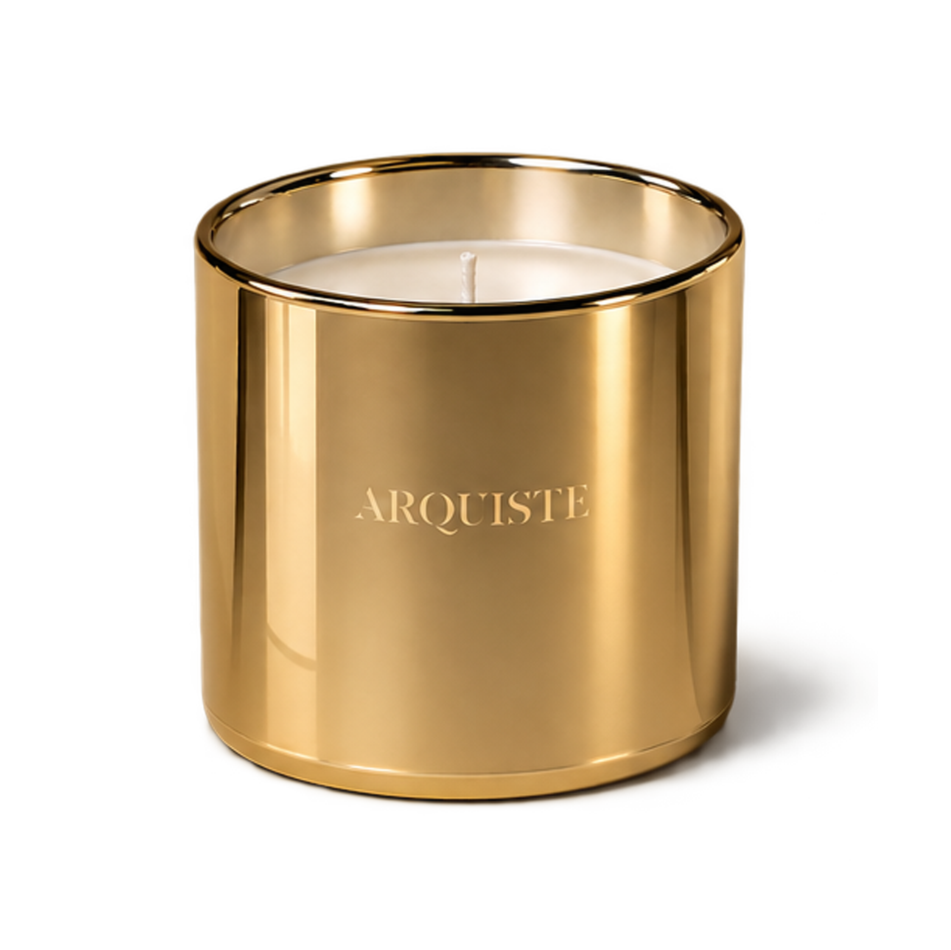 A luxury perfumed candle in a polished gold metallic cylindrical container, featuring the brand name 'ARQUISTE' engraved on the front, set against a clean white background.