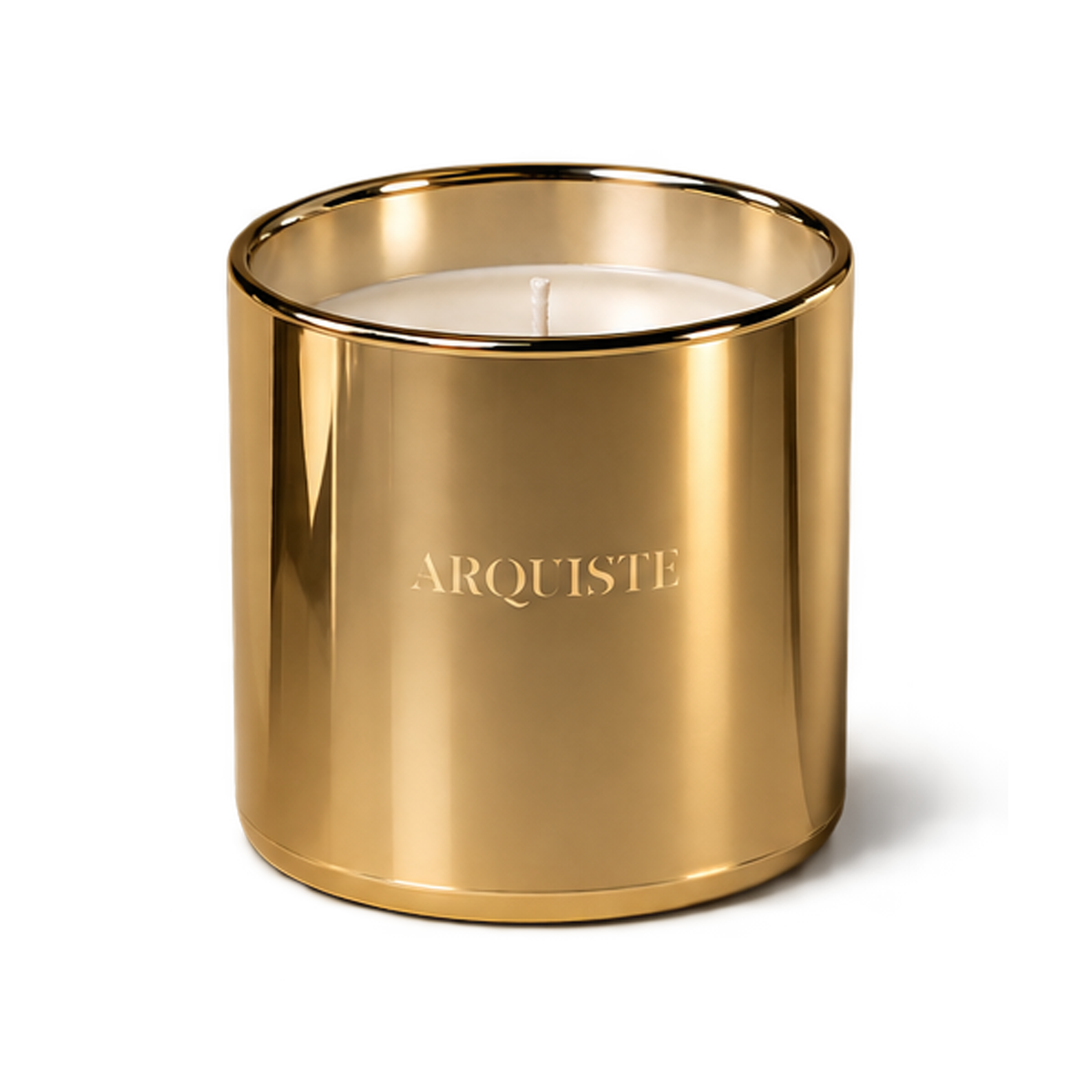 A gold metallic cylindrical candle jar with white wax and a single wick, featuring the brand name 'ARQUISTE' printed in gold on the front, set against a clean white background.