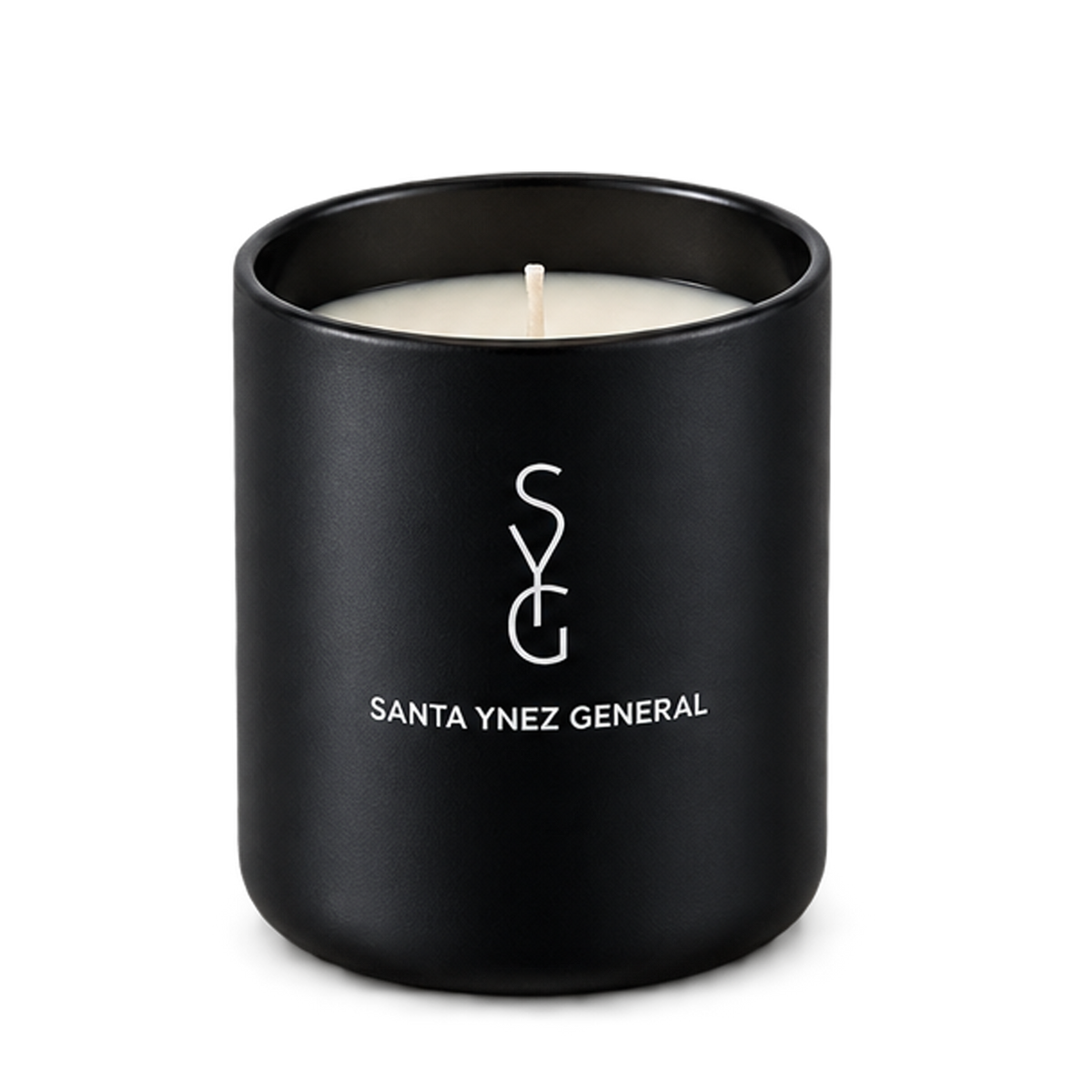 A matte black candle jar with a white wick and cream-colored wax, featuring the white printed logo and text 'SYG' and 'SANTA YNEZ GENERAL' on the front, set against a plain white background.
