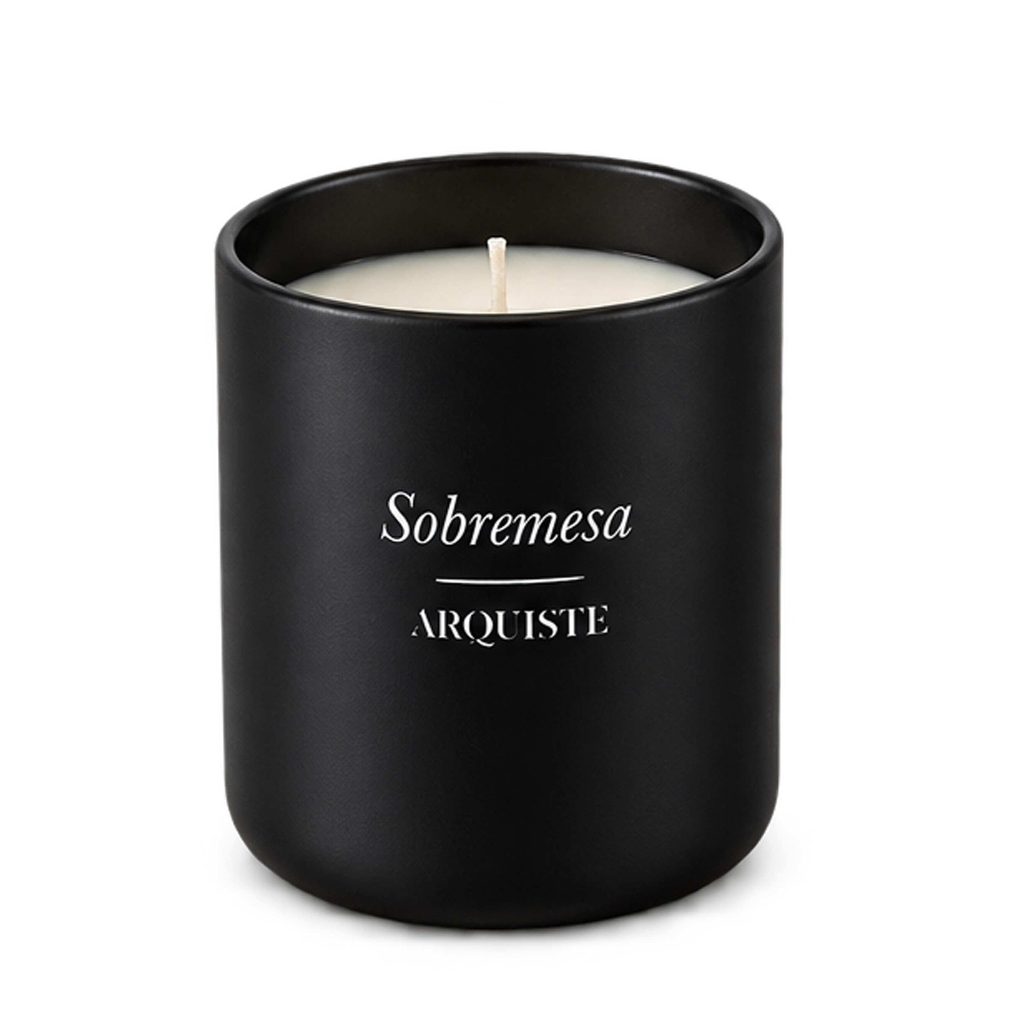 A matte black cylindrical candle jar with a single white wick and cream-colored wax inside. The front of the jar is printed with the text 'Sobremesa' and 'ARQUISTE' in white, set against a clean white background.