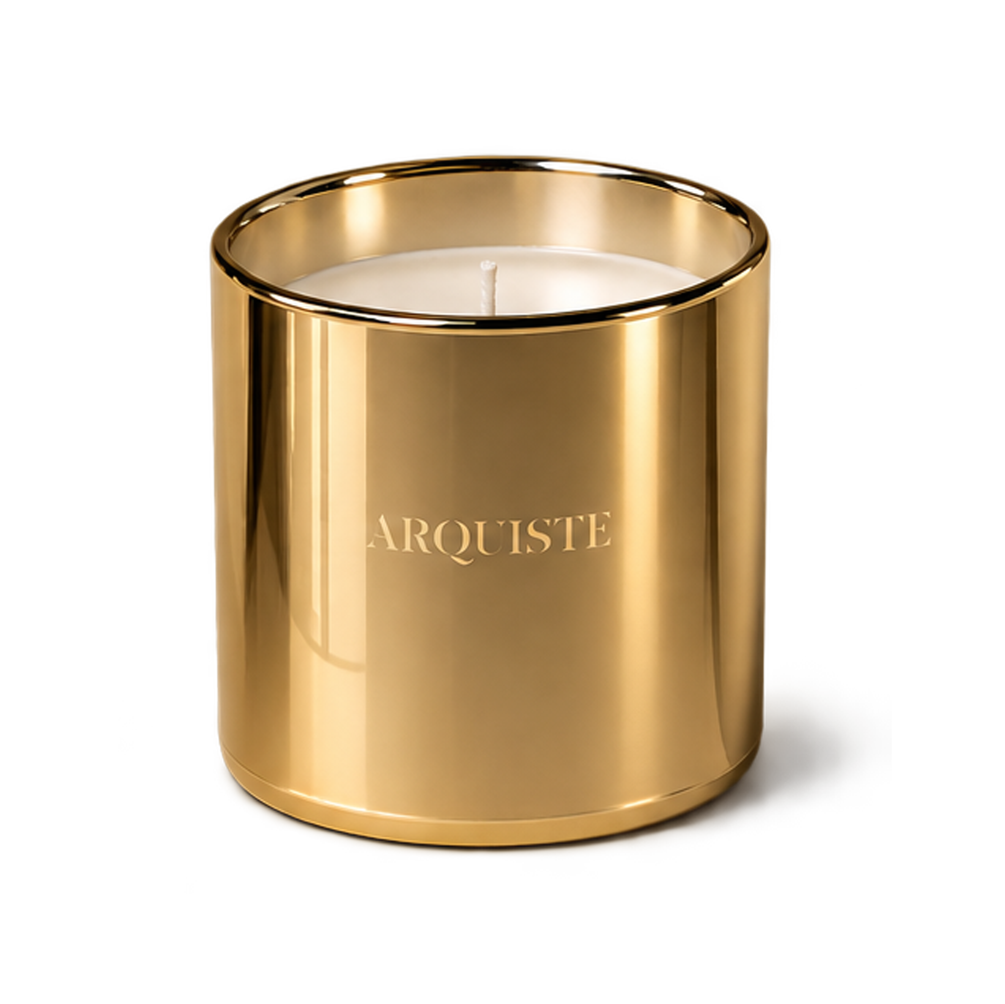 A metallic gold Arquite scented candle in a cylindrical glass jar with a single wick, set against a clean white background.