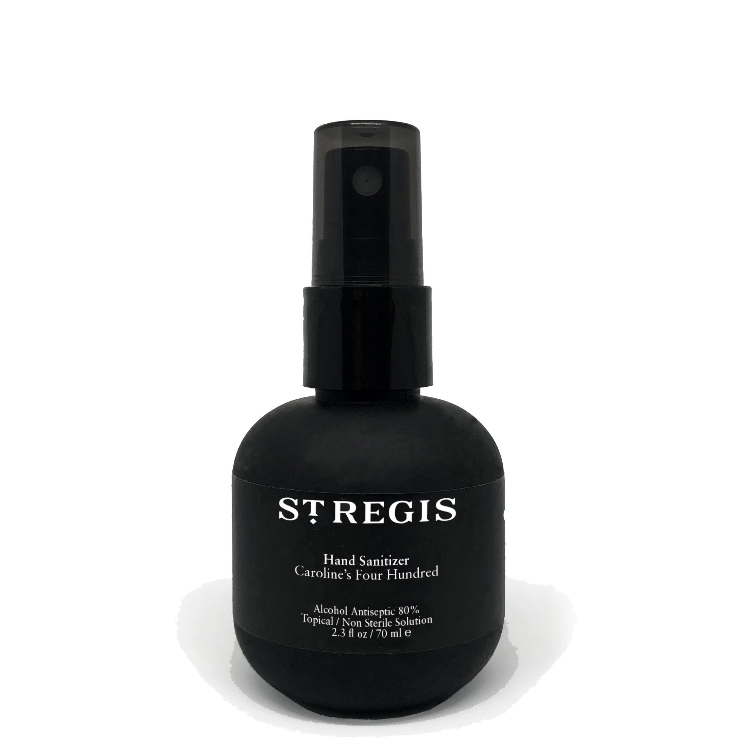 Black hand sanitizer bottle labeled 'STREGIS' on a white background