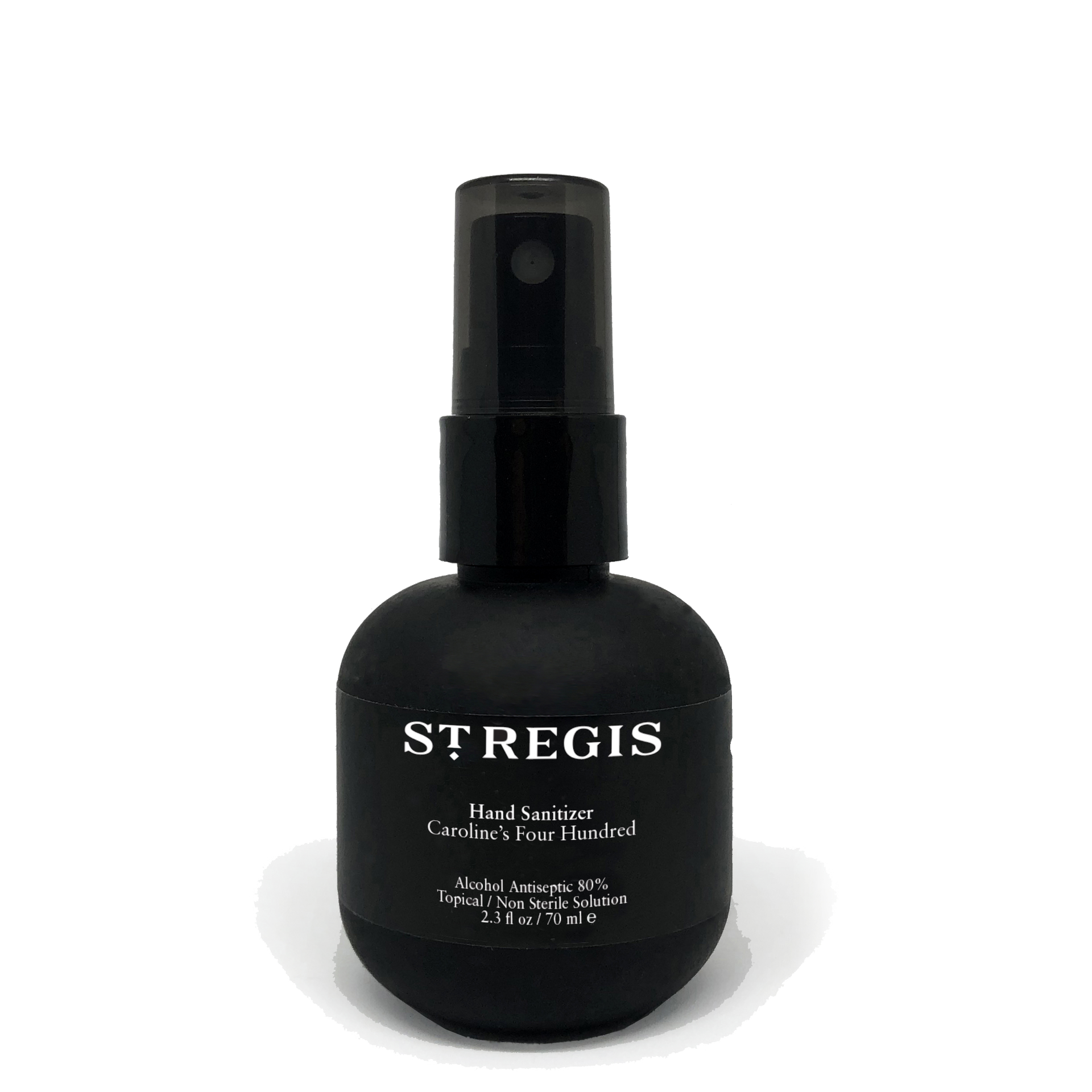 Black hand sanitizer bottle labeled 'STREGIS' on a white background