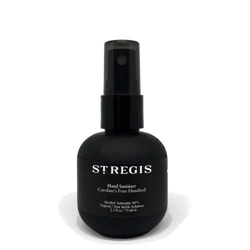 Black hand sanitizer bottle labeled 'STREGIS' on a white background