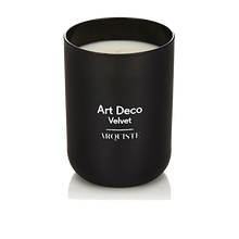 Load image into Gallery viewer, Black candle with &#39;Art Deco Velvet Arquiste&#39; branding on a white background