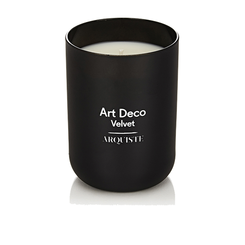 Black candle with 'Art Deco Velvet Arquiste' branding on a white background