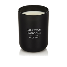 Load image into Gallery viewer, Black candle with &#39;Mexican Baroque Arquiste&#39; branding on a white background