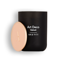 Load image into Gallery viewer, Black candle with rose gold lid with &#39;Art Deco Velvet Arquiste&#39; branding on a white background