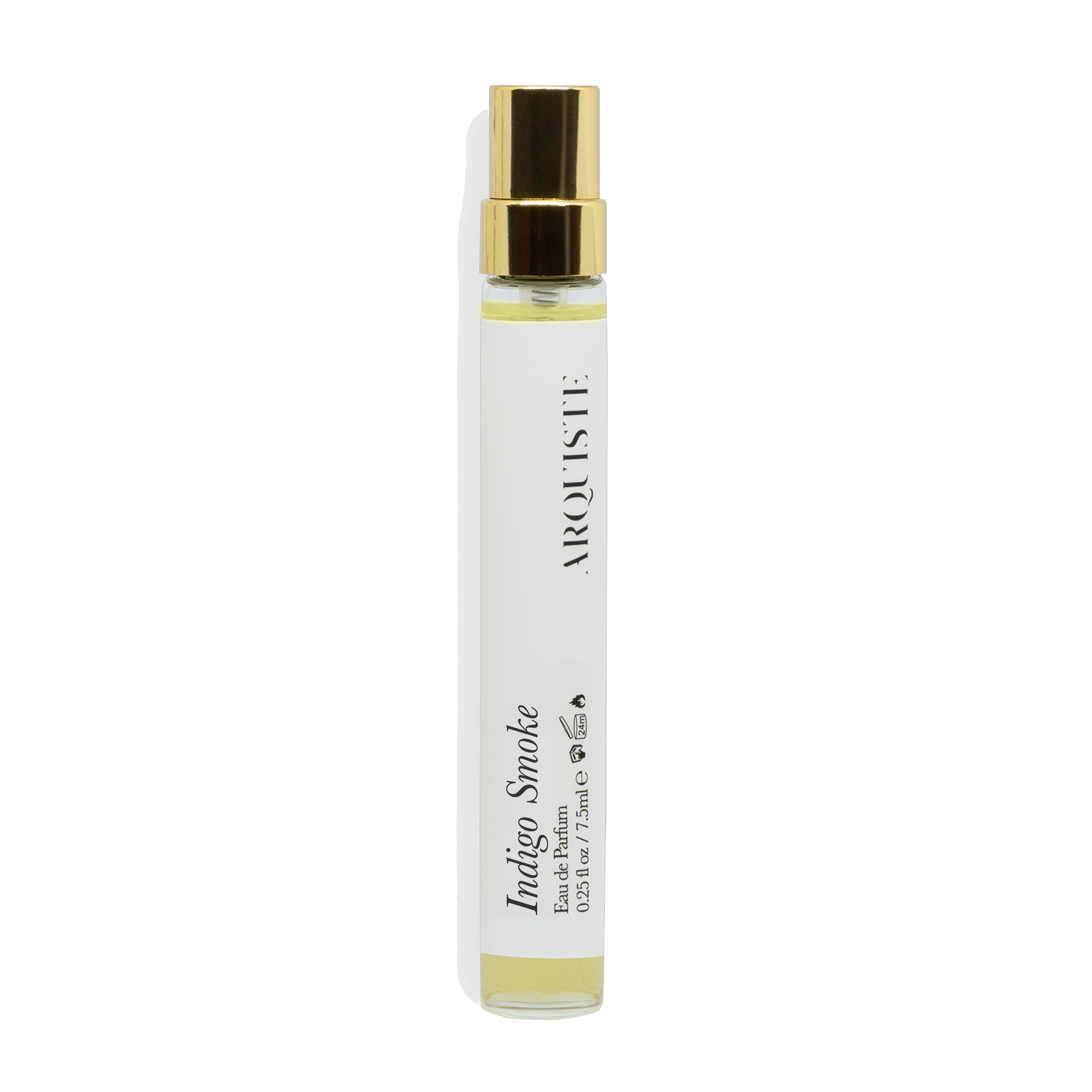 Perfume bottle labeled 'Indigo Smoke' by 'Arquiste' on a white background