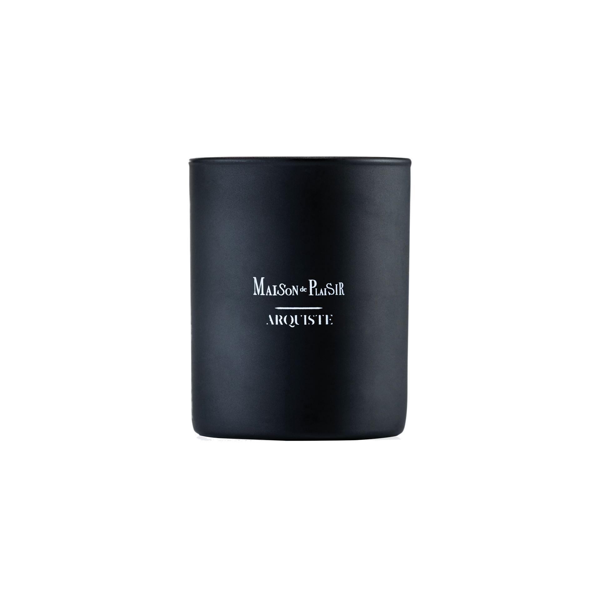 Black candle with 'MAISON DE PLAISIR' branding on a white background
