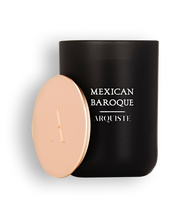 Load image into Gallery viewer, Black candle with a rose gold lid with &#39;Mexican Baroquie Arquiste&#39; branding on a white background