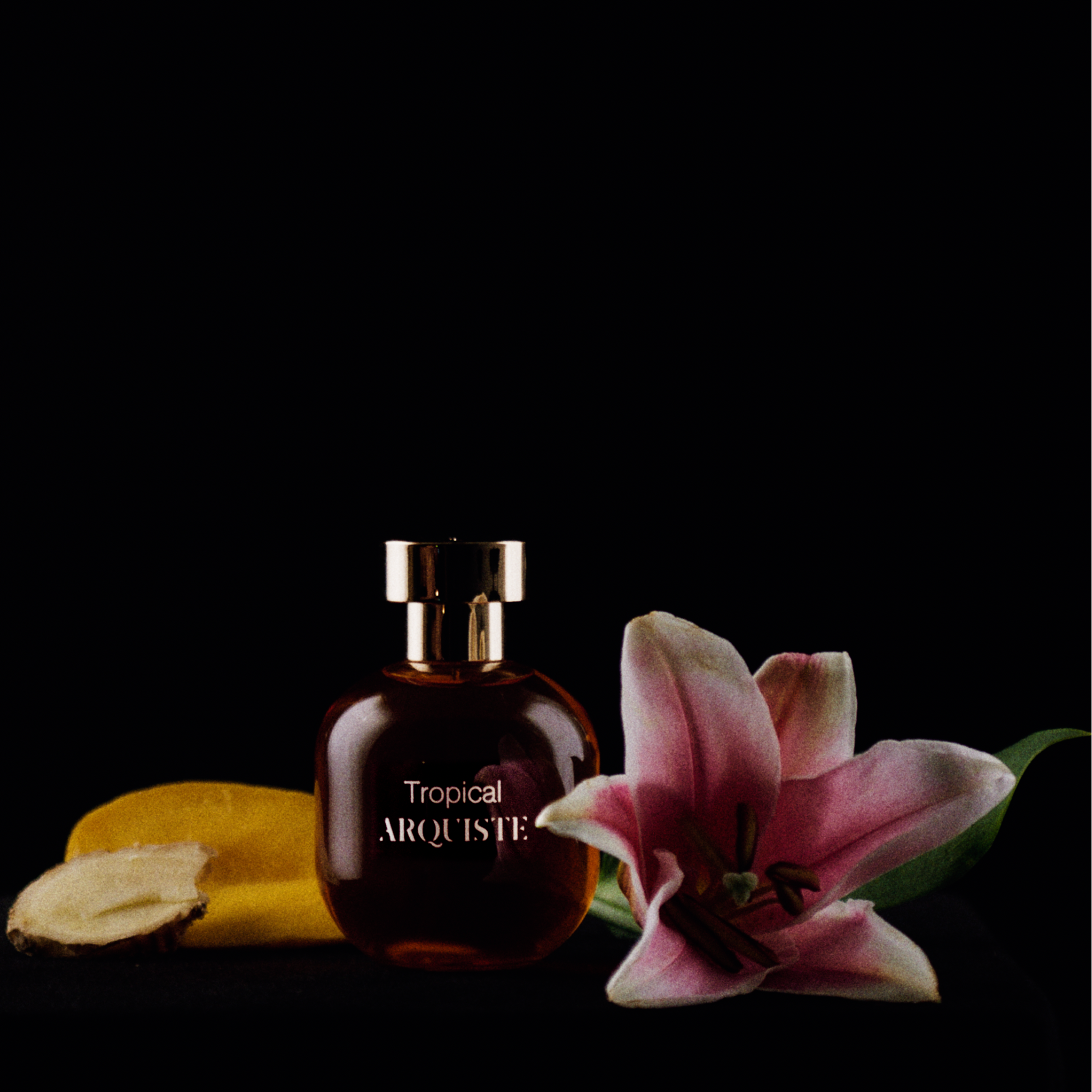 A dark amber perfume bottle labeled 'Tropical Arquiste' with a gold cap, styled on a black background with a pink-and-white lily flower and a sliced ginger and yellow citrus fruit beside it.